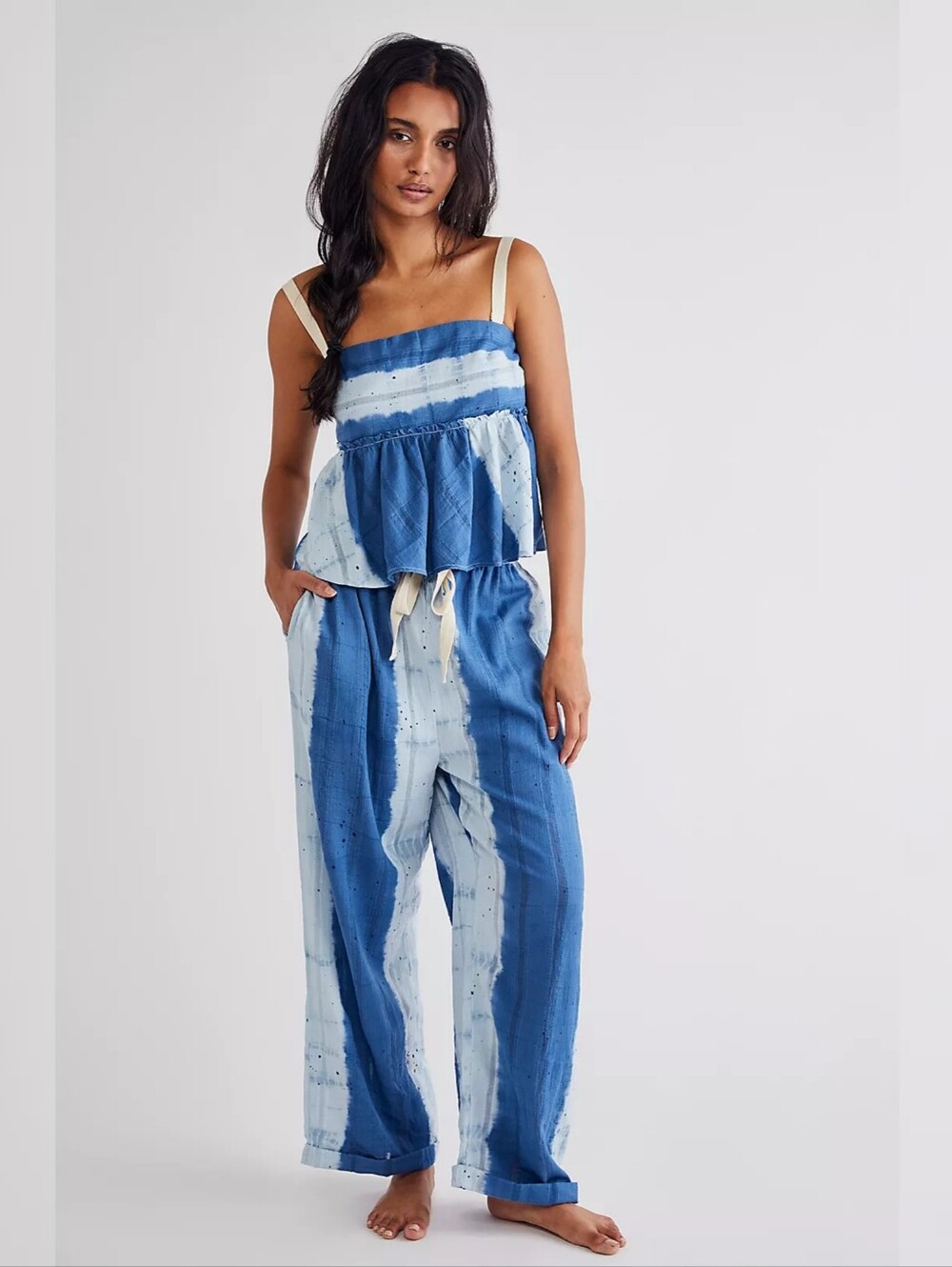 Free People Marina Co-Ord Blue Tie-Dye Two-Piece Tank & Wide-Leg Pants Set Large